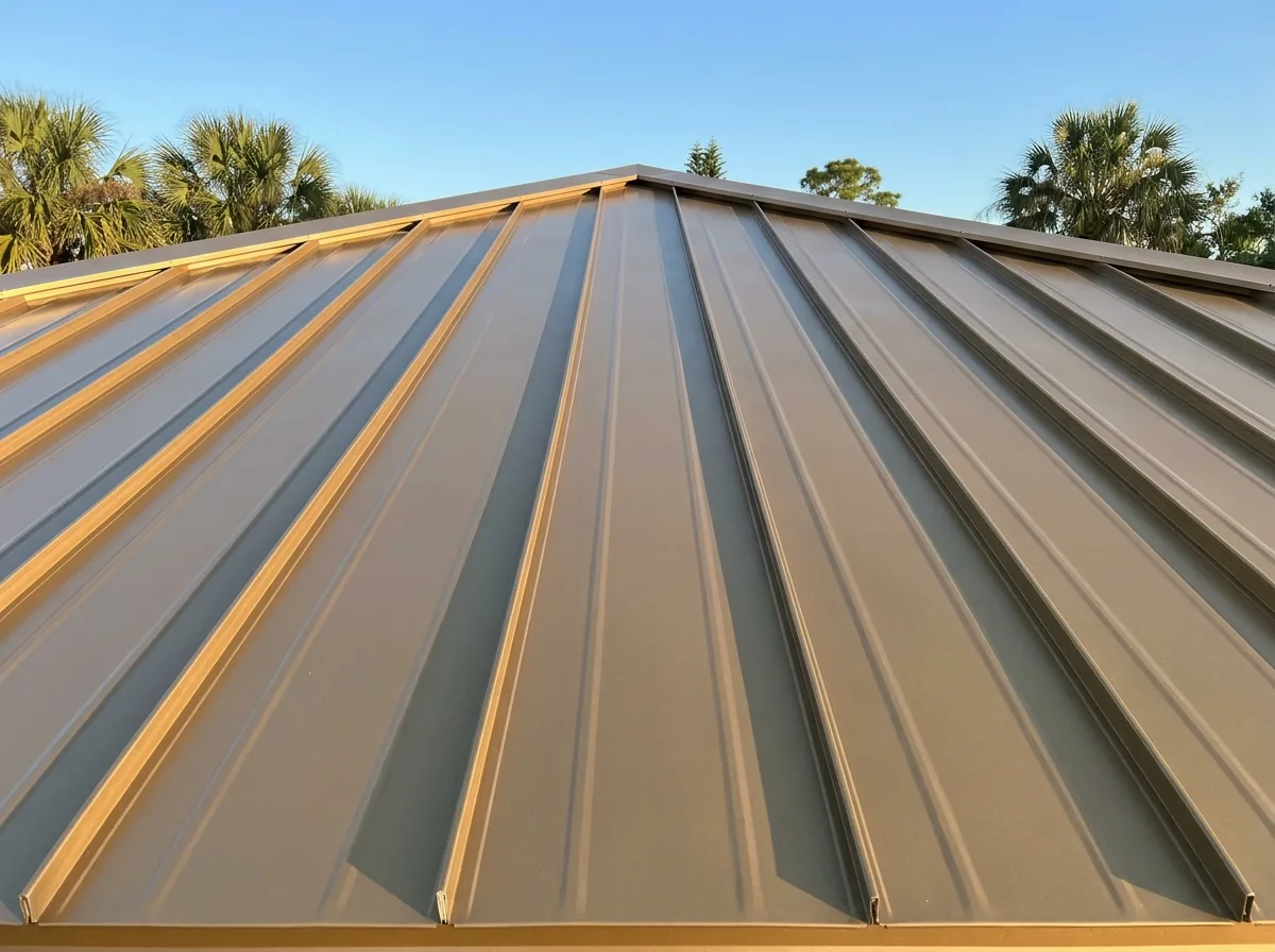 Raised seams of a new bronze standing seam metal roof running up to the ridge