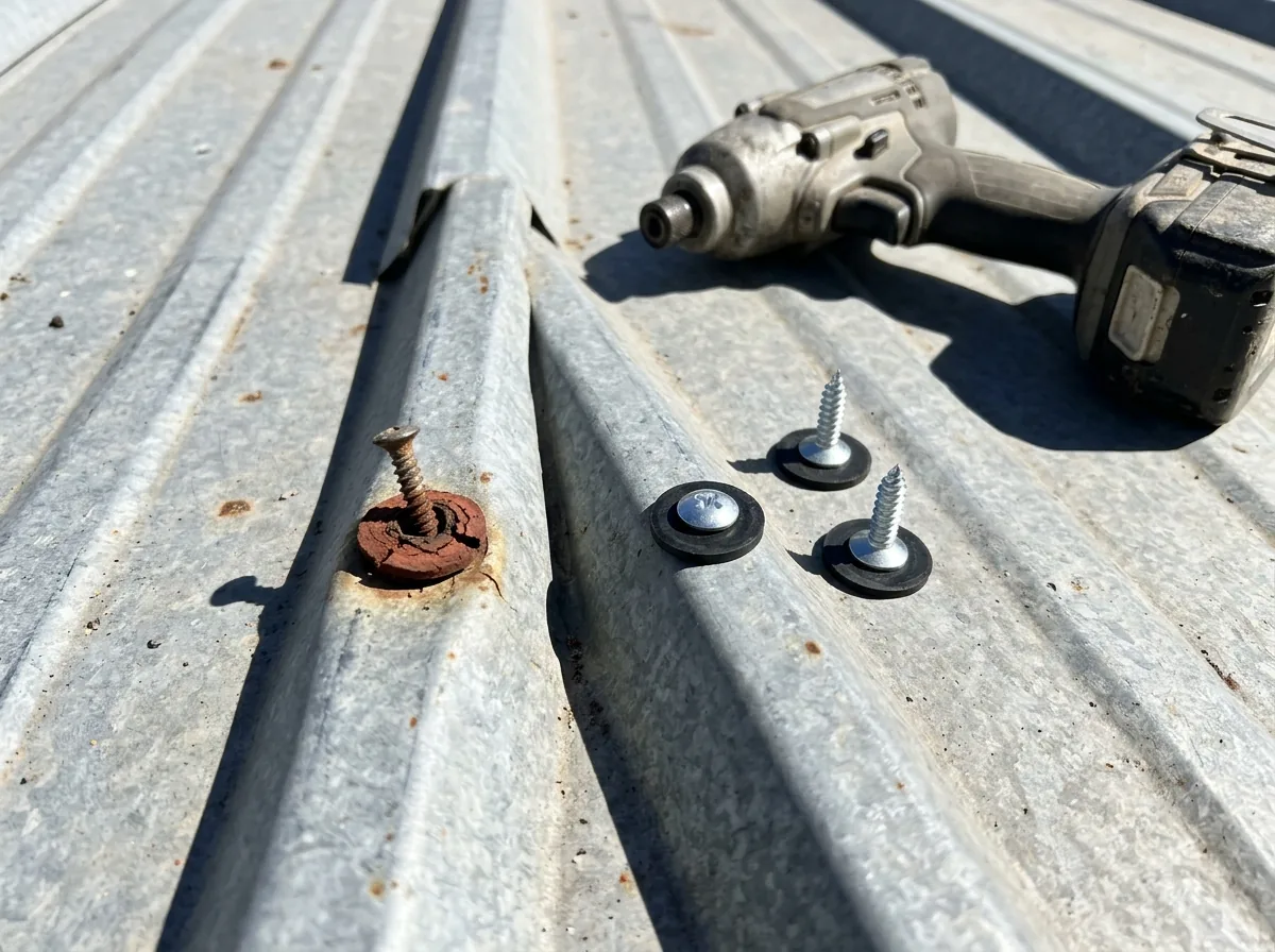 Close view of exposed screws on a metal roof panel, one backed out with a cracked rubber washer beside new screws with fresh washers