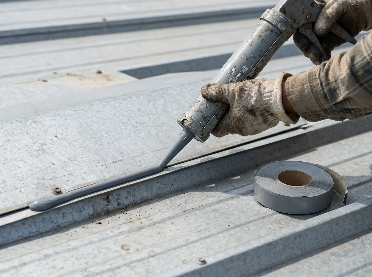 Roofer's gloved hand running a bead of sealant along an overlapping panel lap on a metal roof