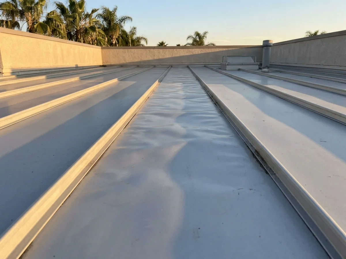 Standing seam metal roof in low sun showing a wavy, rippled panel surface between two raised seams