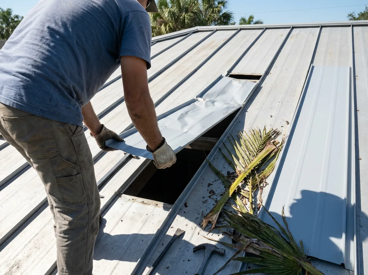 Roofer seen from the shoulders down lifting a dented metal roof panel out of a run of standing seam panels to replace it