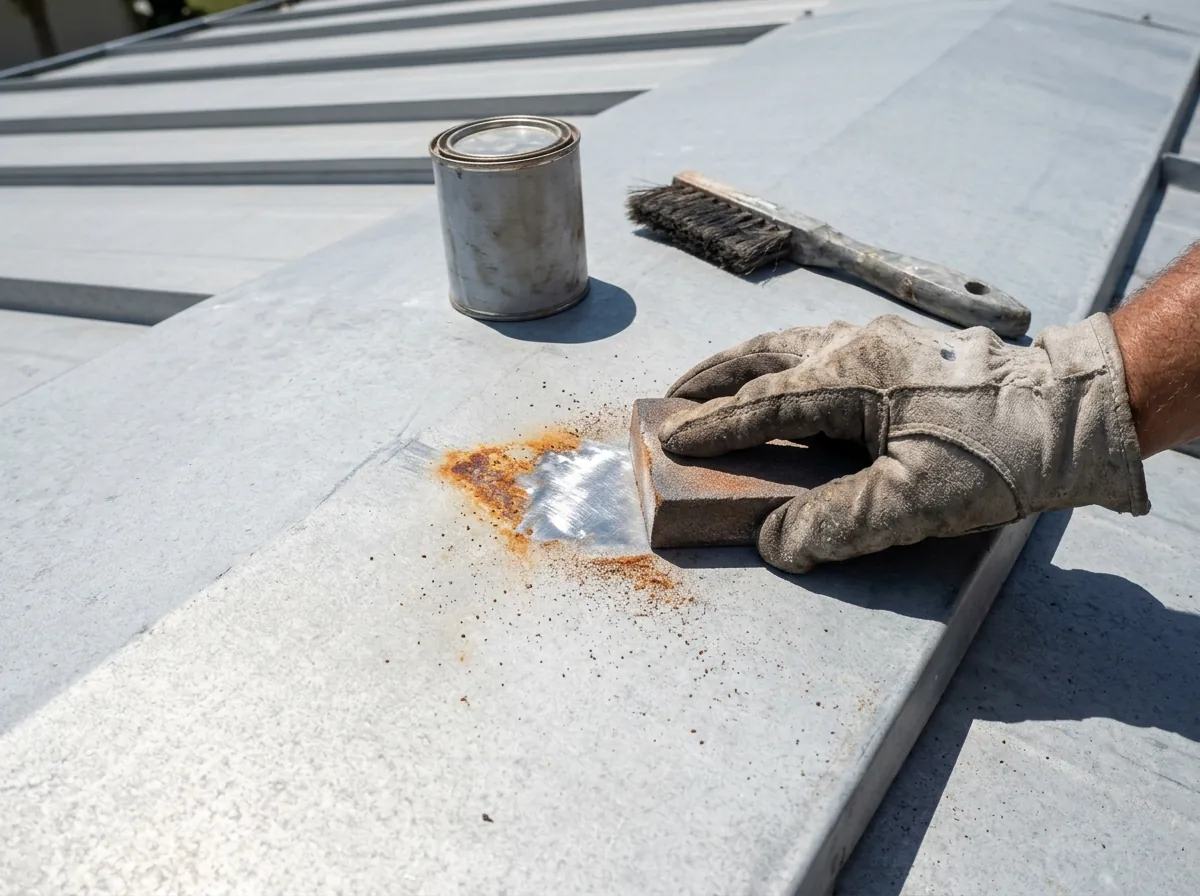 Small patch of surface rust on a light gray metal roof panel being sanded down to bare metal before priming