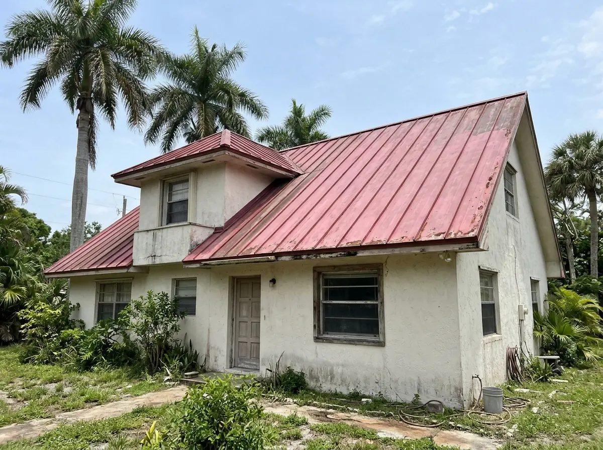 Faded and chalky standing seam metal roof on a two-story stucco home, with panel color dulled unevenly across the slopes