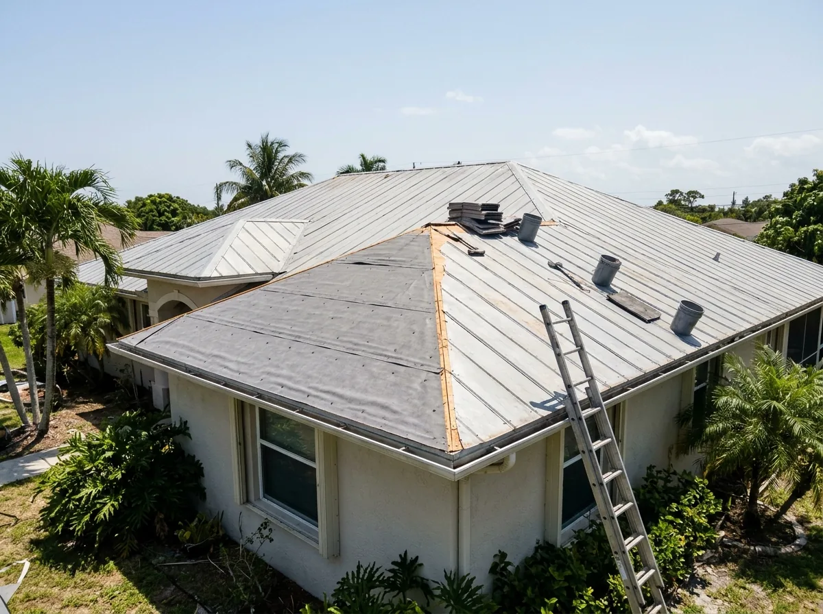 One slope of a hip roof stripped to the deck and dried in, while the other slopes keep their existing metal panels
