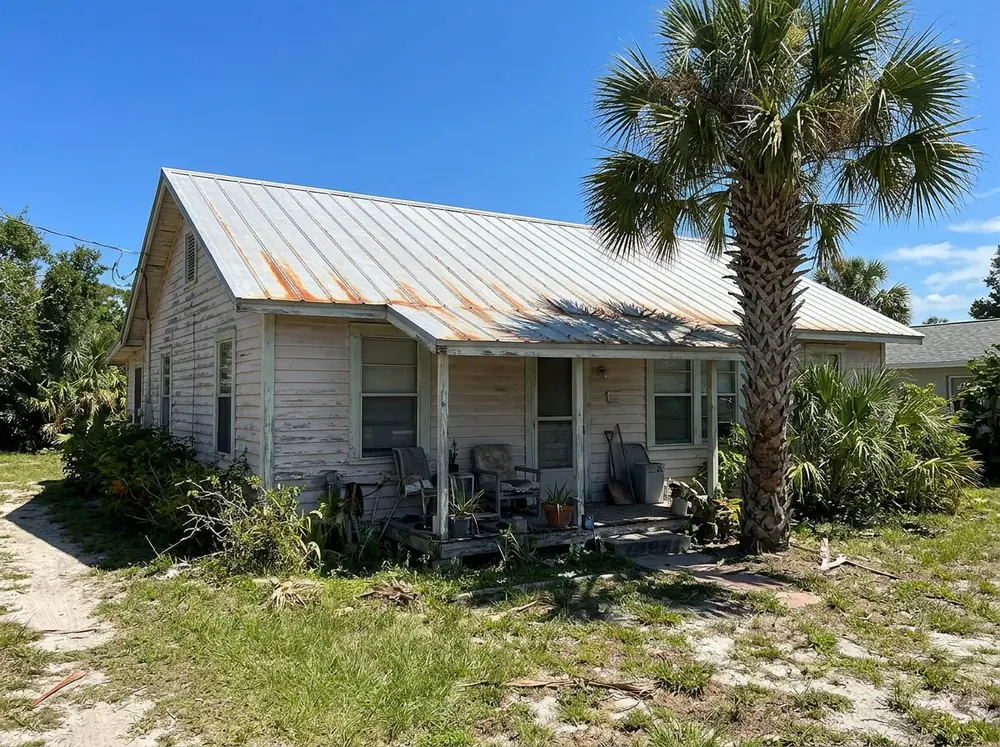 Weathered 5V crimp metal roof with orange rust streaks running down from rows of exposed screws on an older Florida cottage