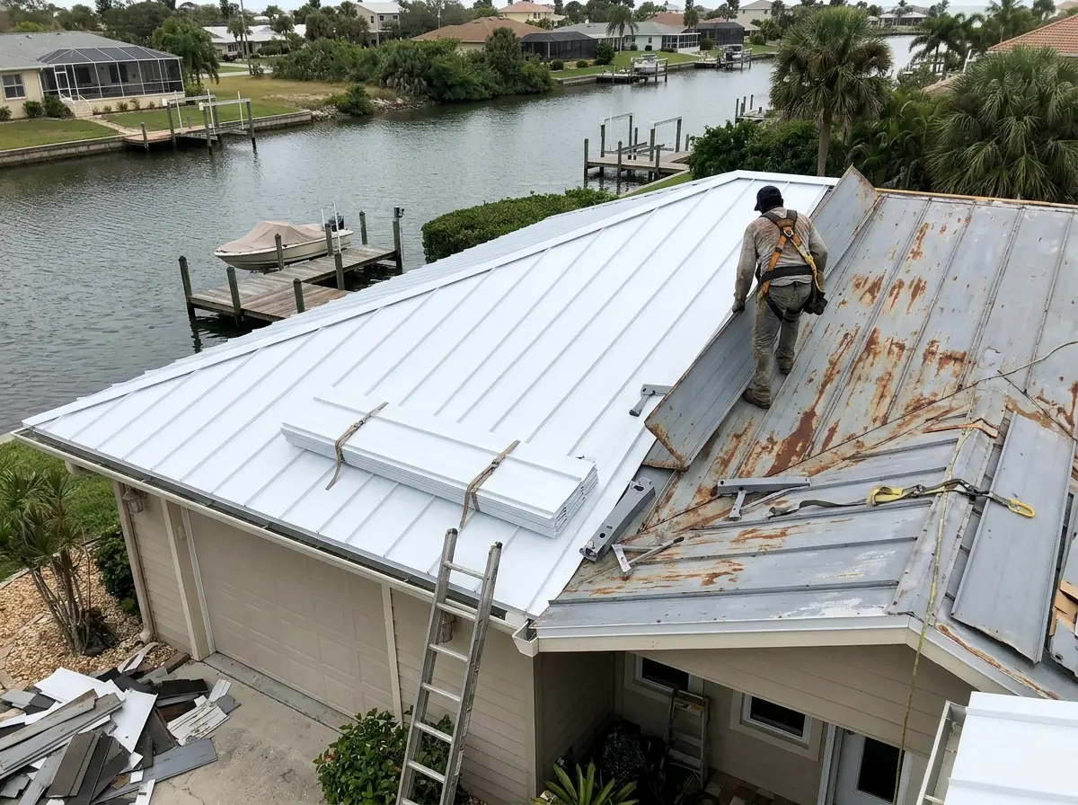 Old rust-stained steel panels being removed from one slope of a waterfront home while new white aluminum standing seam panels cover the other slope