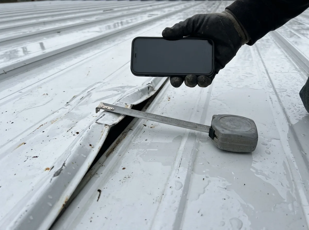 Close view of a lifted metal roof panel edge with a tape measure laid across it for a damage photo