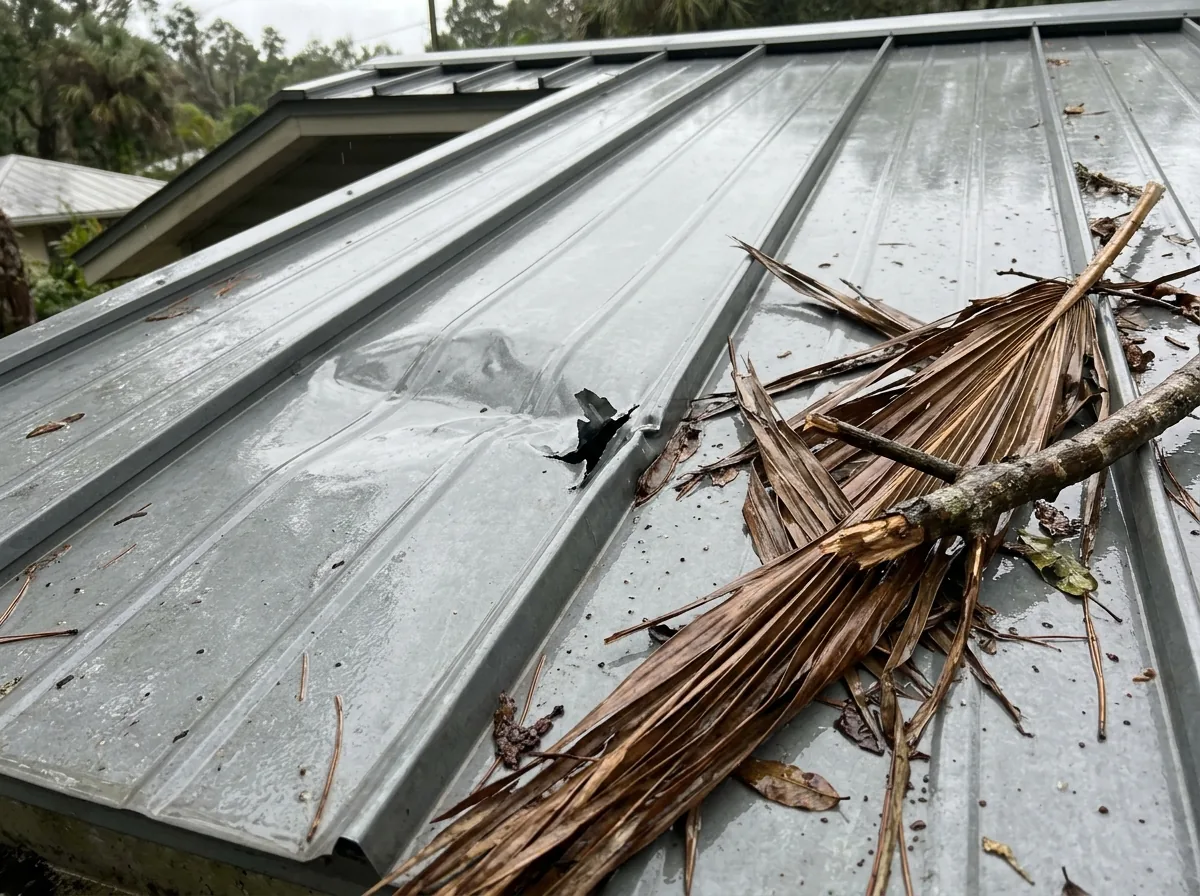 A dented and punctured section of a gray 5V crimp metal roof with a broken palm frond lying beside it