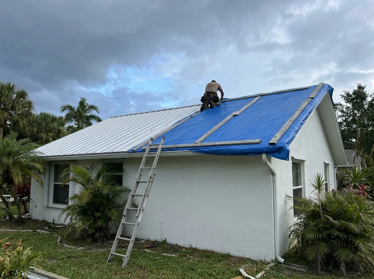 Blue tarp held down with plain gray lumber battens over the damaged slope of a standing seam metal roof