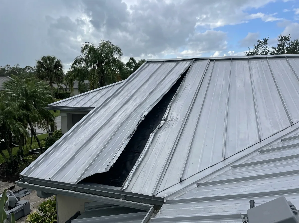 A standing seam metal roof with one panel lifted at the seam and a gap showing the underlayment below