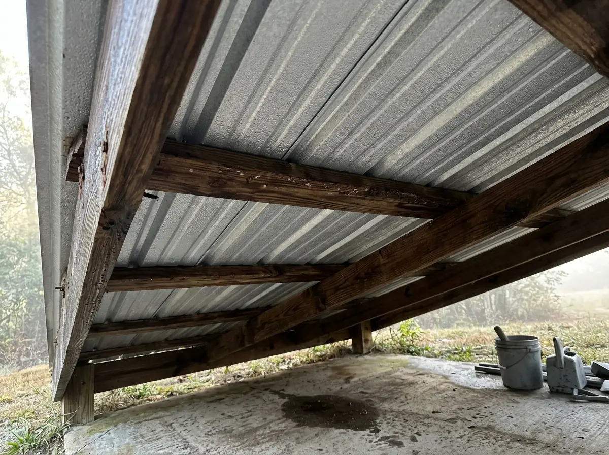 Close view of the underside of a metal roof panel over underlayment with beads of moisture at a lap in an attic