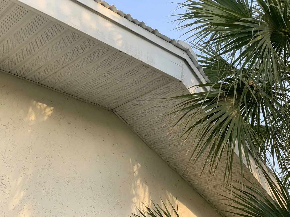 Perforated white aluminum soffit panels under the eave of a stucco home with a white metal roof above