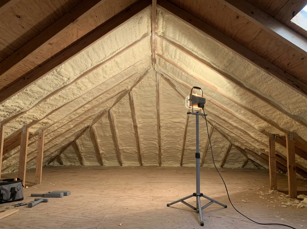 Spray foam insulation sprayed on the underside of a roof deck between rafters in an attic