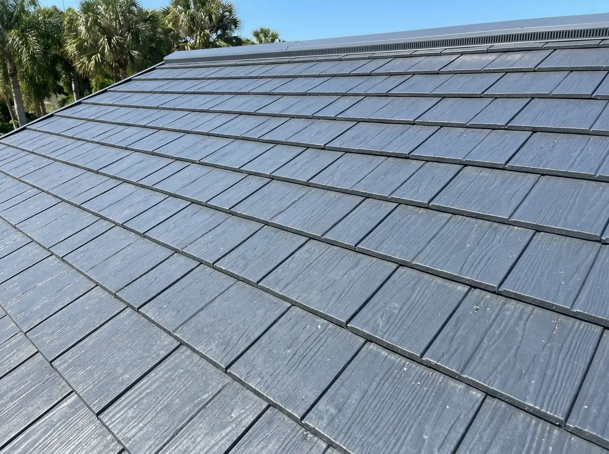 Close view of slate-gray interlocking metal shingles
