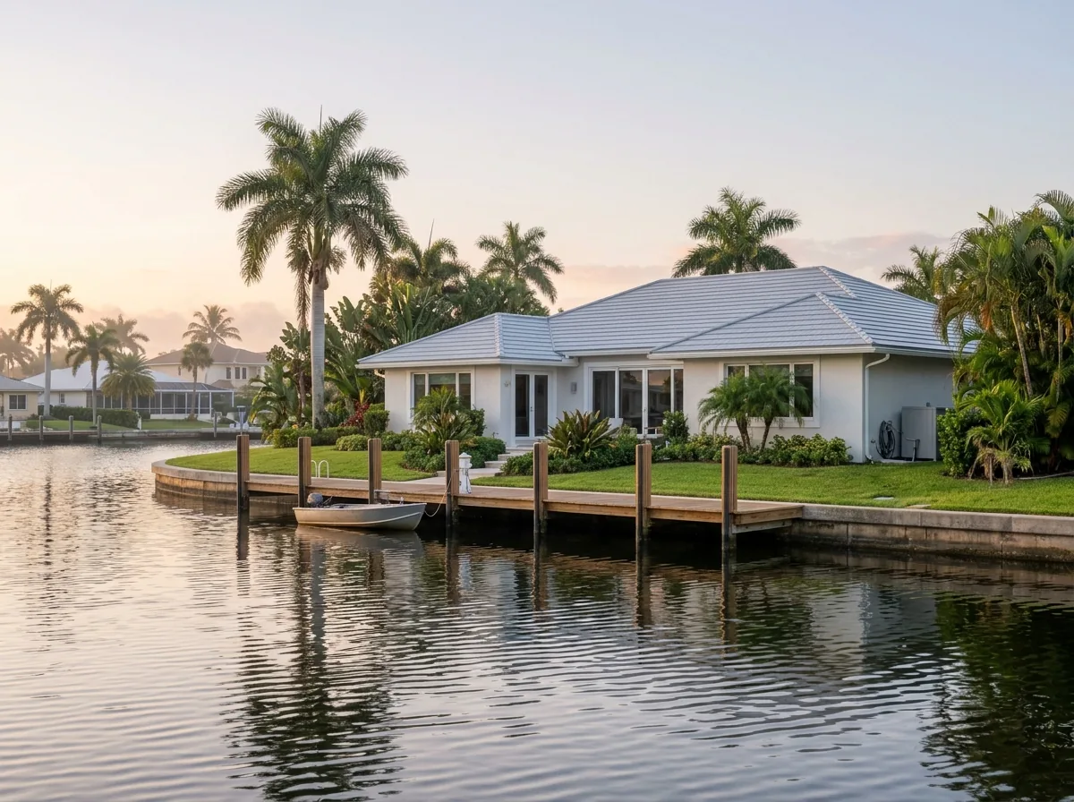 Light gray aluminum interlocking shingles on a waterfront Florida home