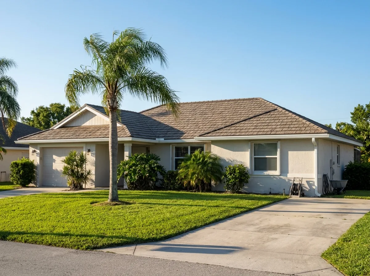 Metal shingles shaped like architectural asphalt shingles on a single-story home