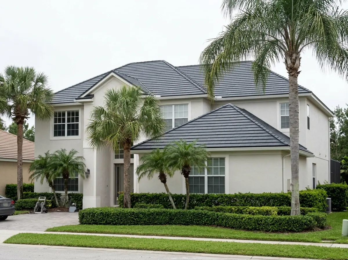 Slate-look metal shingles in a charcoal finish on a two-story stucco home