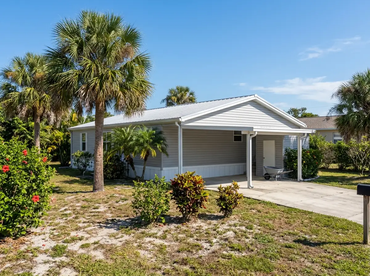 Double-wide manufactured home with a low-pitch silver metal roof meeting at a center ridge line