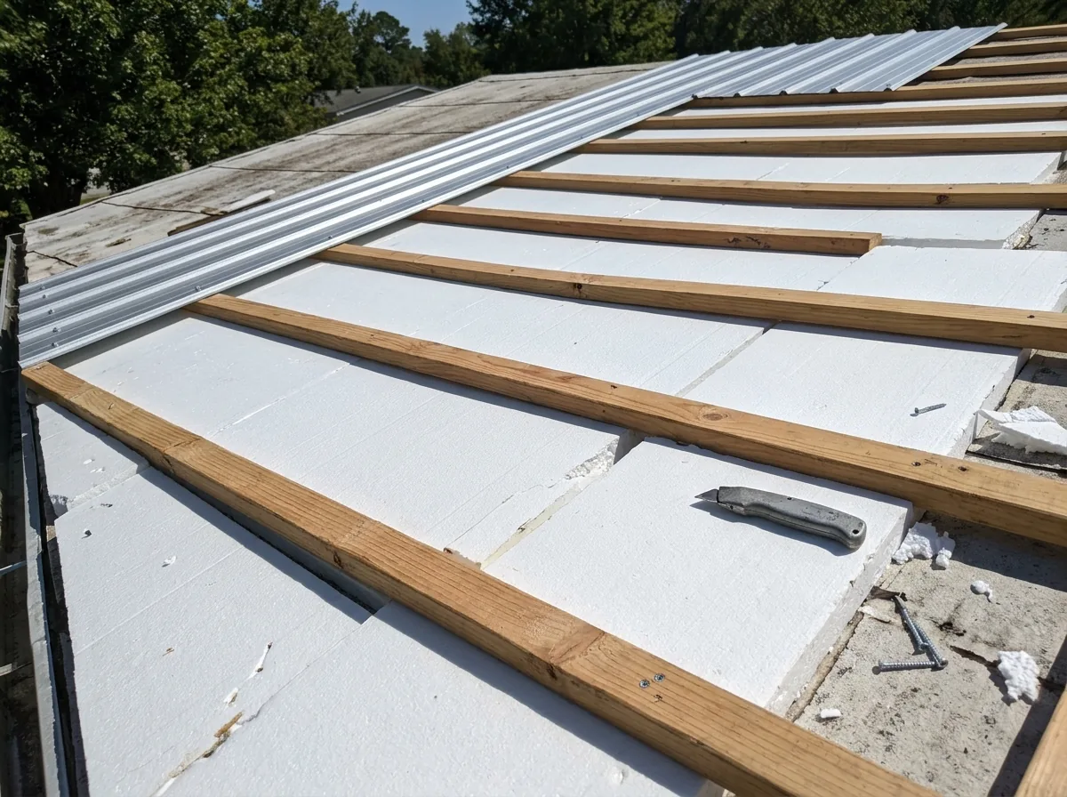 Rigid foam insulation boards laid between wood purlins on a mobile home roof before metal panels go on