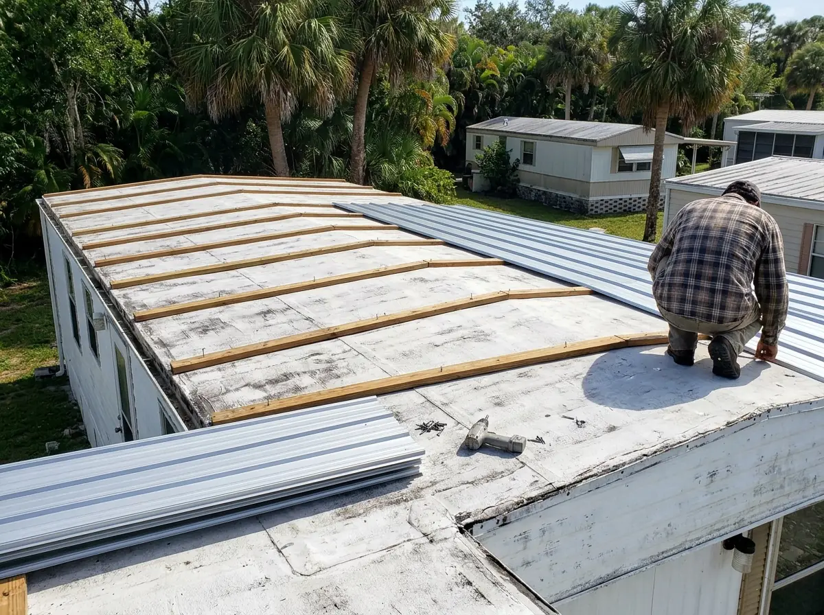 Wood purlins fastened across the old roof of a single-wide manufactured home with silver metal panels stacked beside it