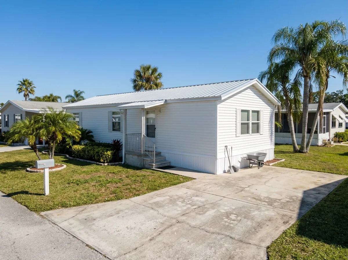Single-wide manufactured home with a new silver ribbed metal roof and white skirting under palm trees