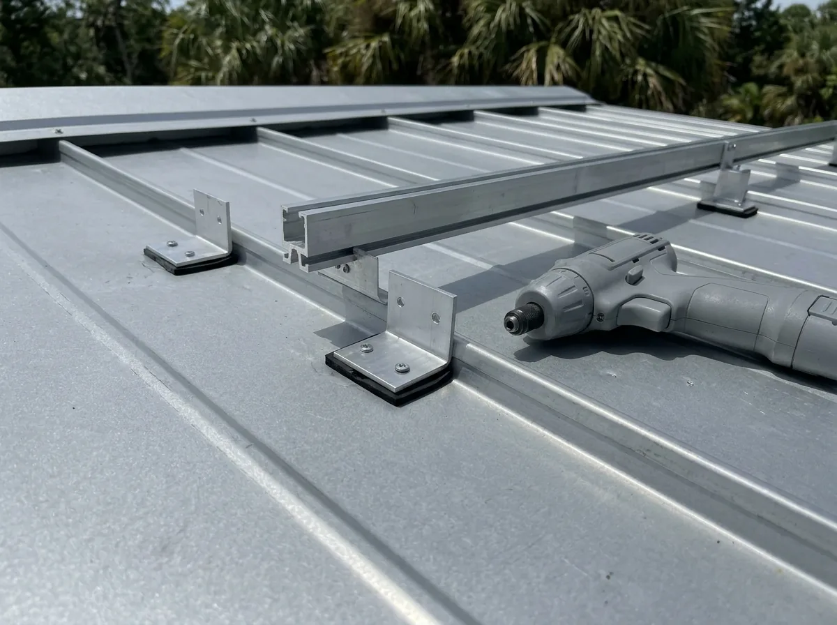 Small metal brackets screwed to the ribs of a silver 5V crimp metal roof with solar rails attached