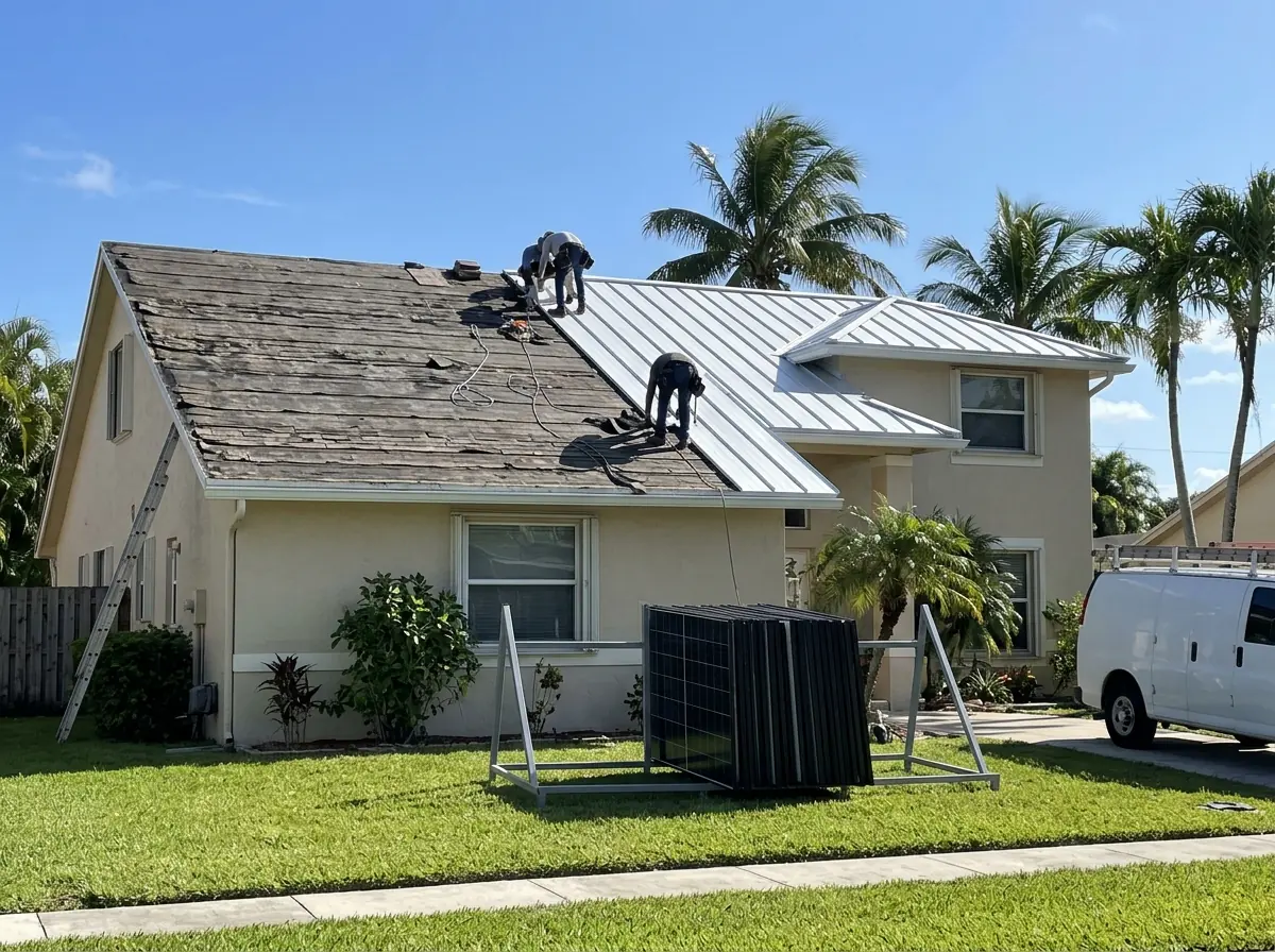 Solar panels stacked on a plain gray rack on the ground while roofers work on a half-finished standing seam metal roof