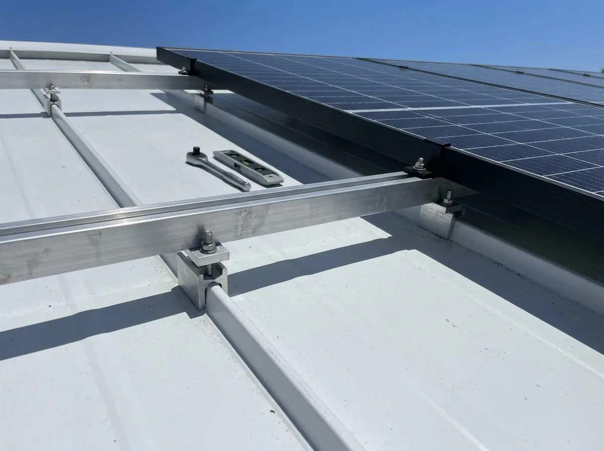 Aluminum seam clamps fastened to the raised seams of a white standing seam metal roof with solar rails mounted on them