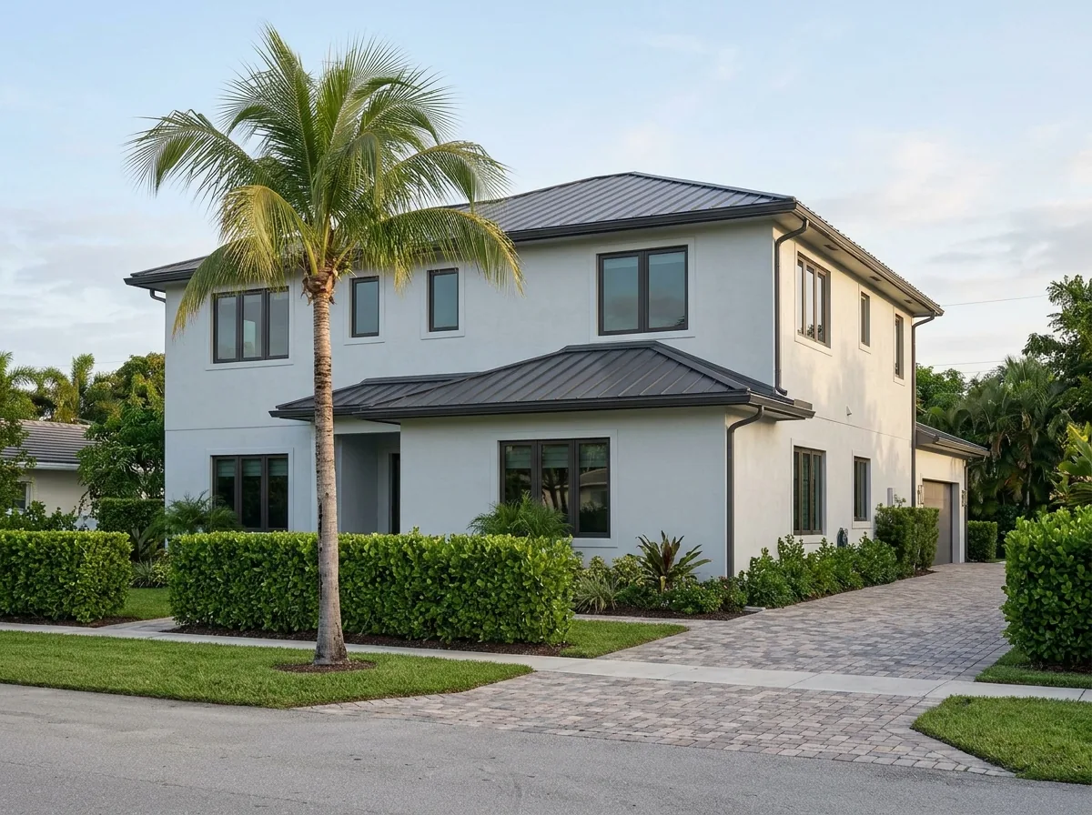 Two-story stucco home with a charcoal standing seam metal roof and matching gutters