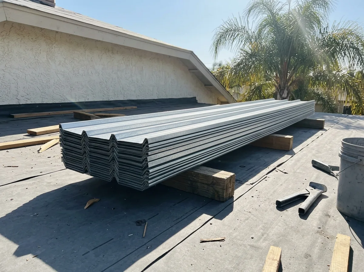 Stack of new 24-gauge bare Galvalume standing seam panels with a matte silver finish staged on a roof deck