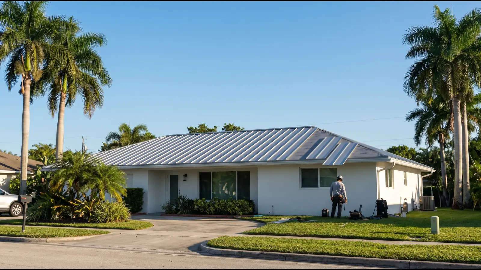 Single-story white stucco home with a new silver standing seam metal roof, the last panels going on at one corner