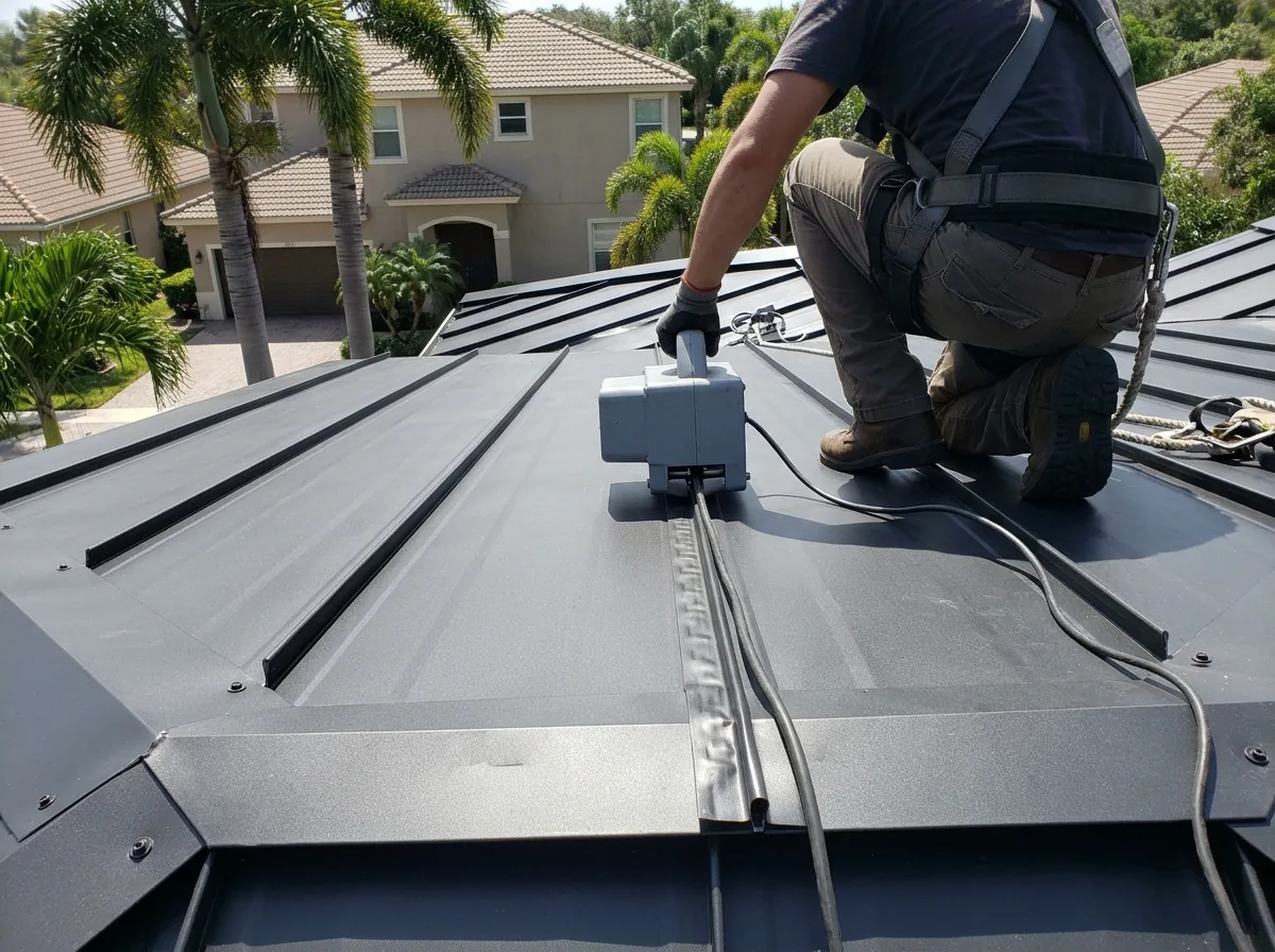 Roofer seen from behind running a gray electric seaming machine along a raised seam on a standing seam metal roof