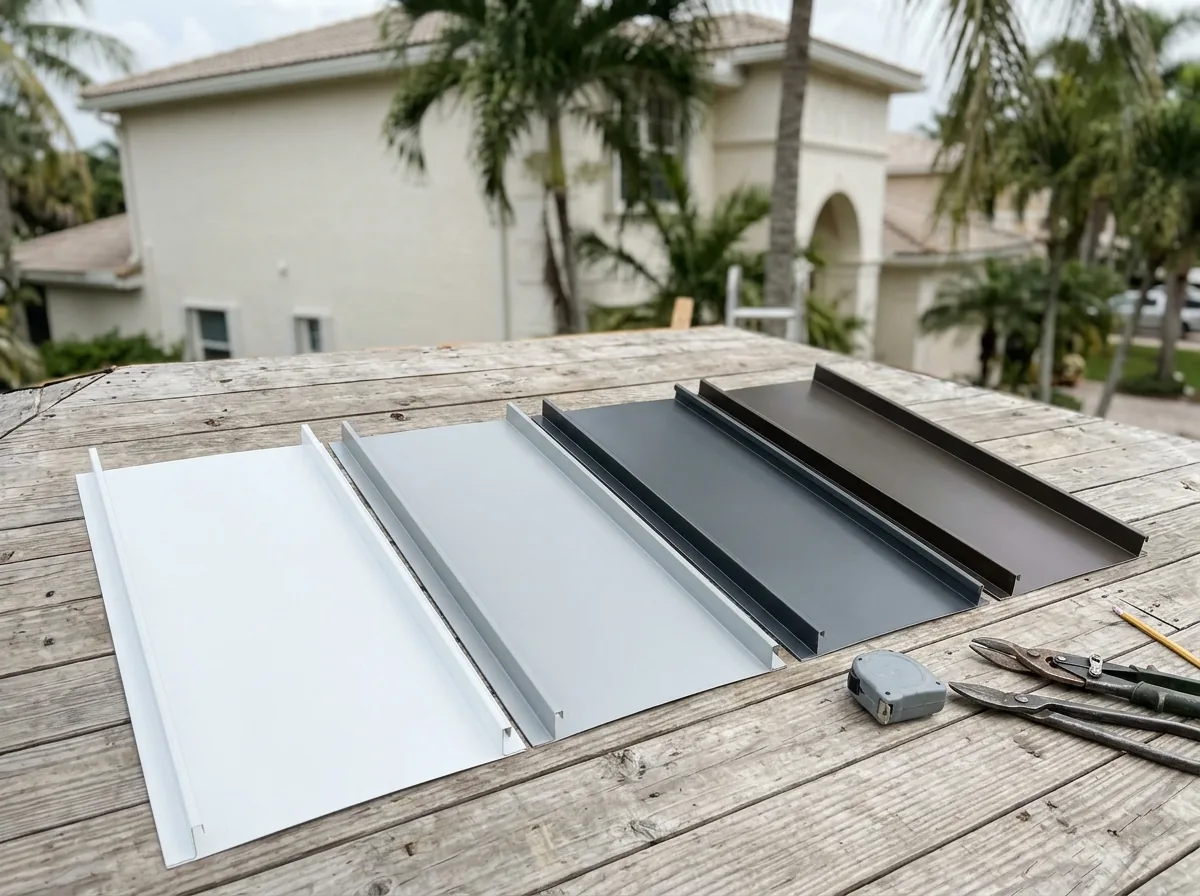 Row of standing seam panel samples in white, light gray, charcoal and bronze PVDF finishes laid side by side on a roof deck