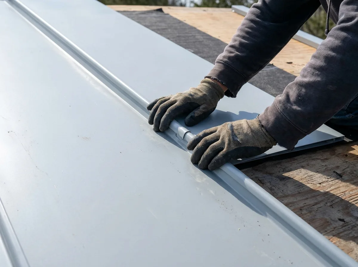 Close view of a snap-lock standing seam panel being pressed down over the leg of the neighboring panel by gloved hands