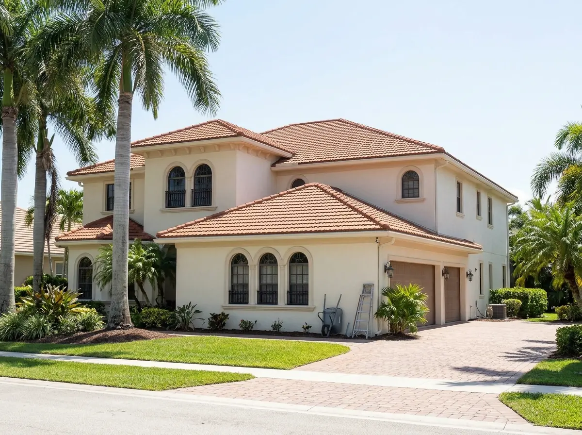 Terracotta-colored stone-coated steel roof in a barrel tile profile on a two-story stucco home