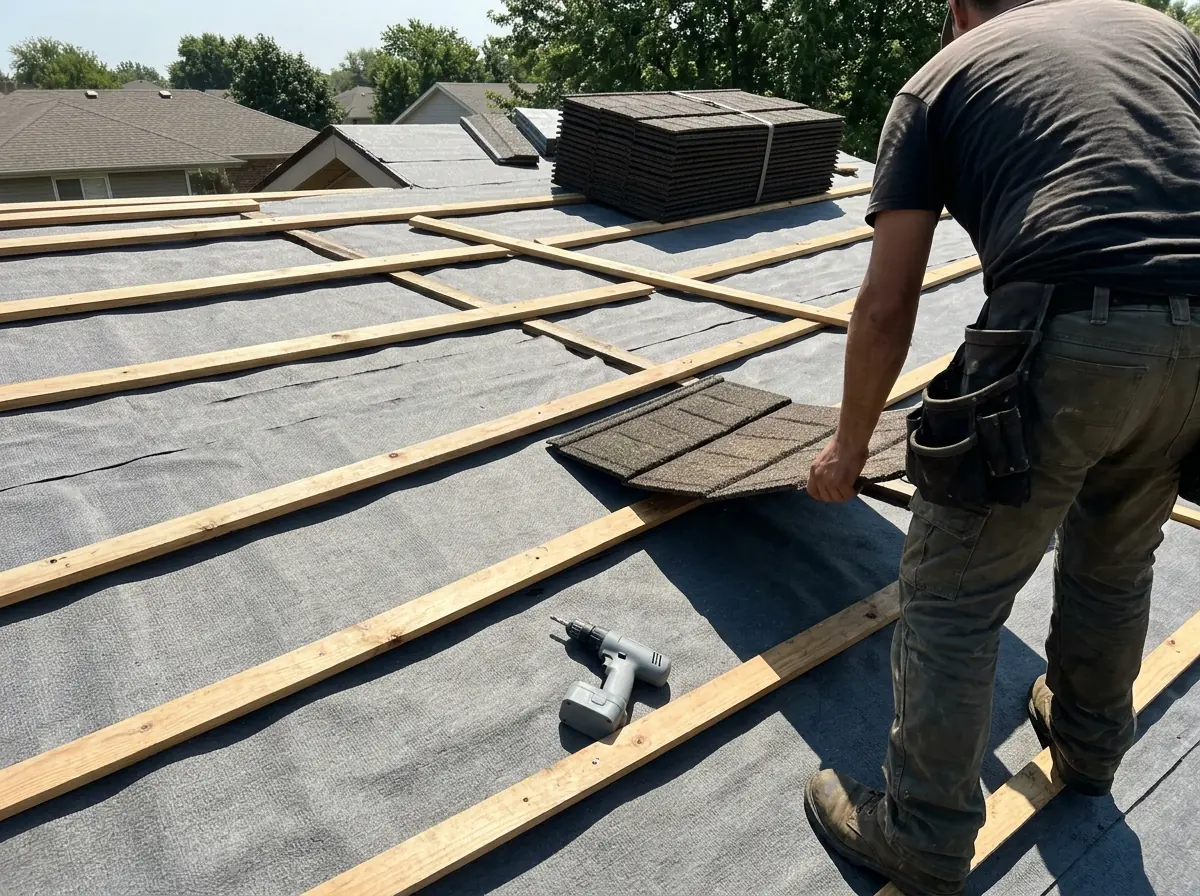 Wood battens fastened across underlayment on a roof deck with stone-coated steel panels stacked nearby