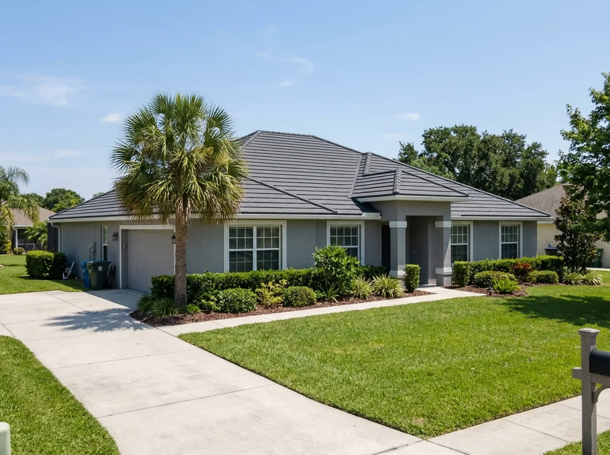 Charcoal stone-coated steel roof in a low flat tile profile on a single-story CBS home
