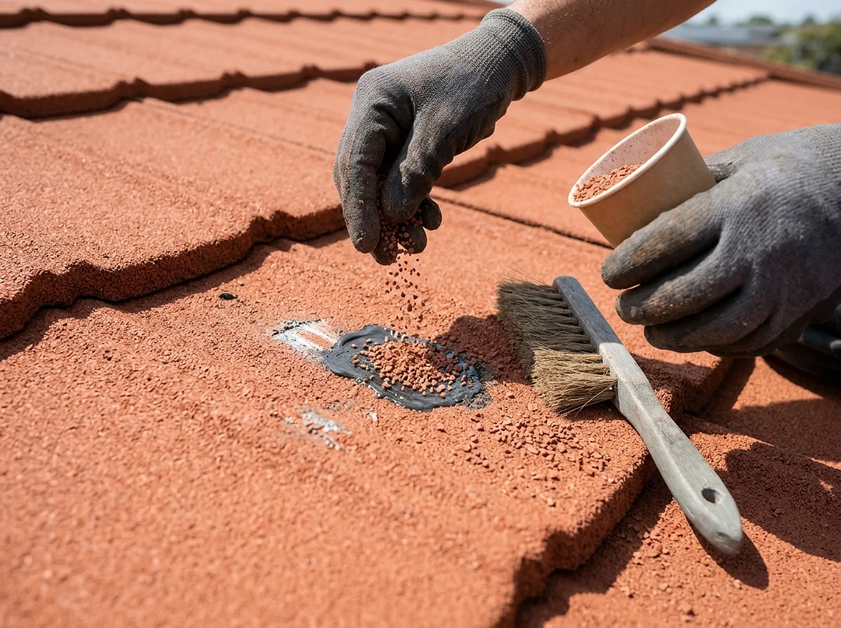 Close view of a stone-coated steel roof panel with a scuffed spot being touched up with fresh granules