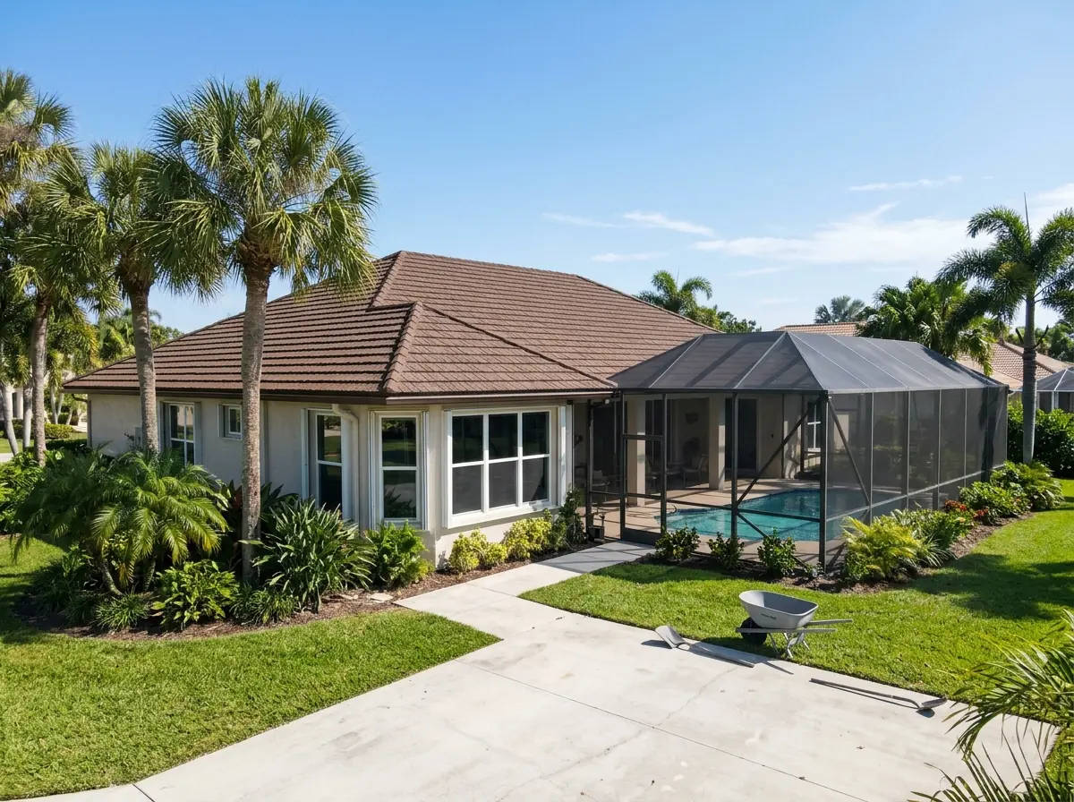 Brown stone-coated steel roof shaped like wood shakes on a Florida home with a screened pool cage