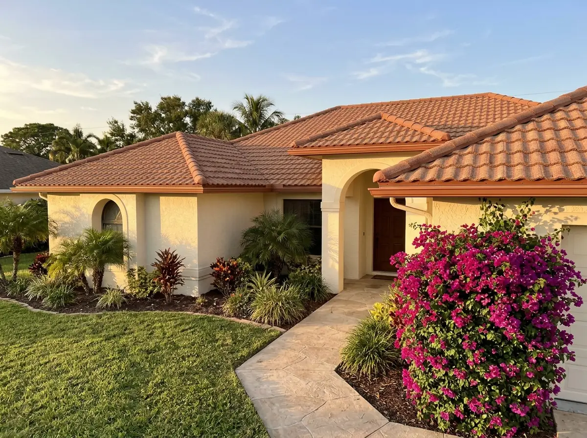 Home with a stone-coated steel roof shaped like clay barrel tile