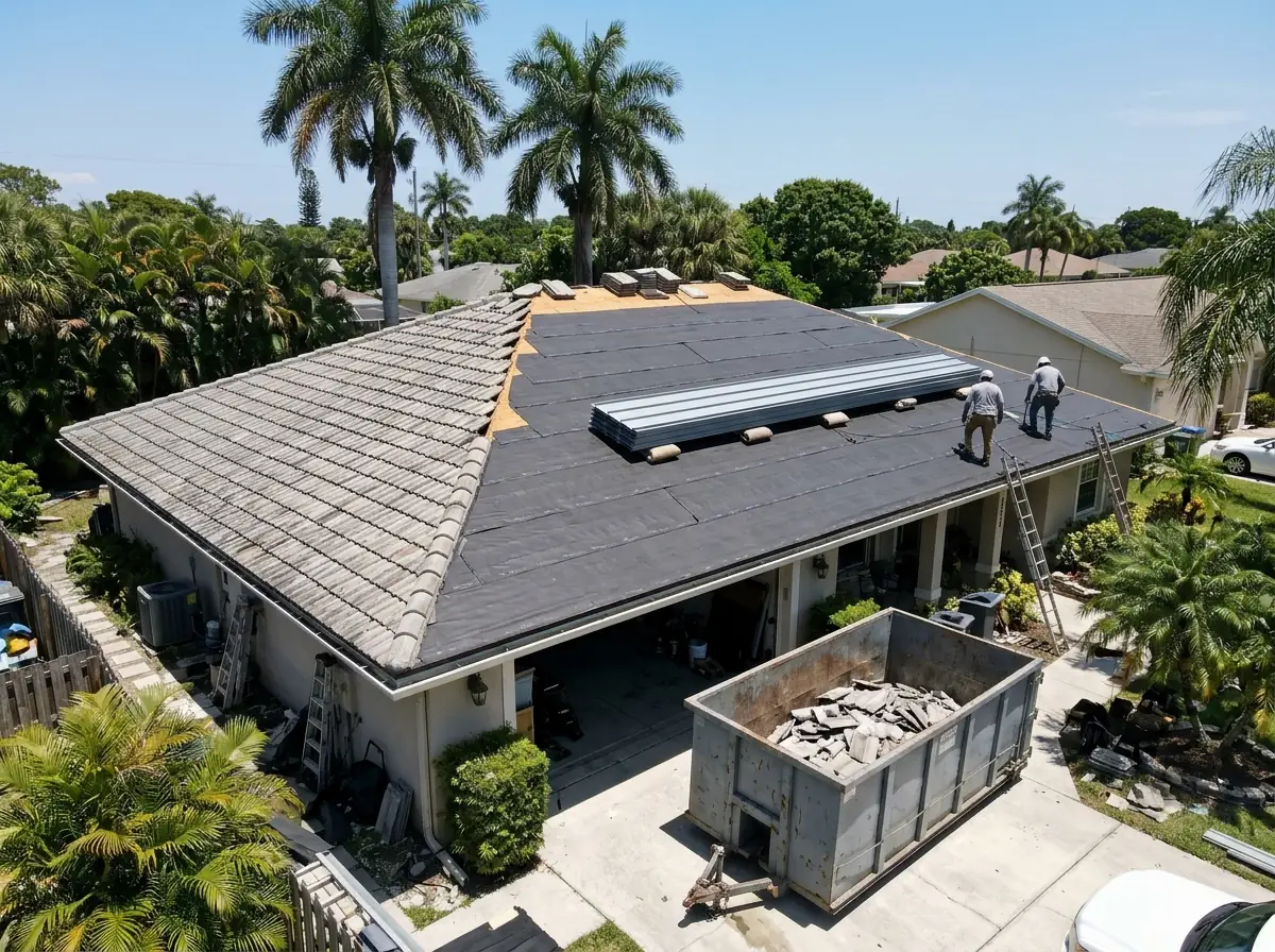 Tile roof being torn off and dried in, with standing seam panels staged for the metal reroof