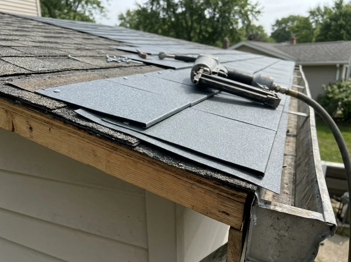 Metal shingles being installed over a single layer of existing asphalt shingles on a solid deck