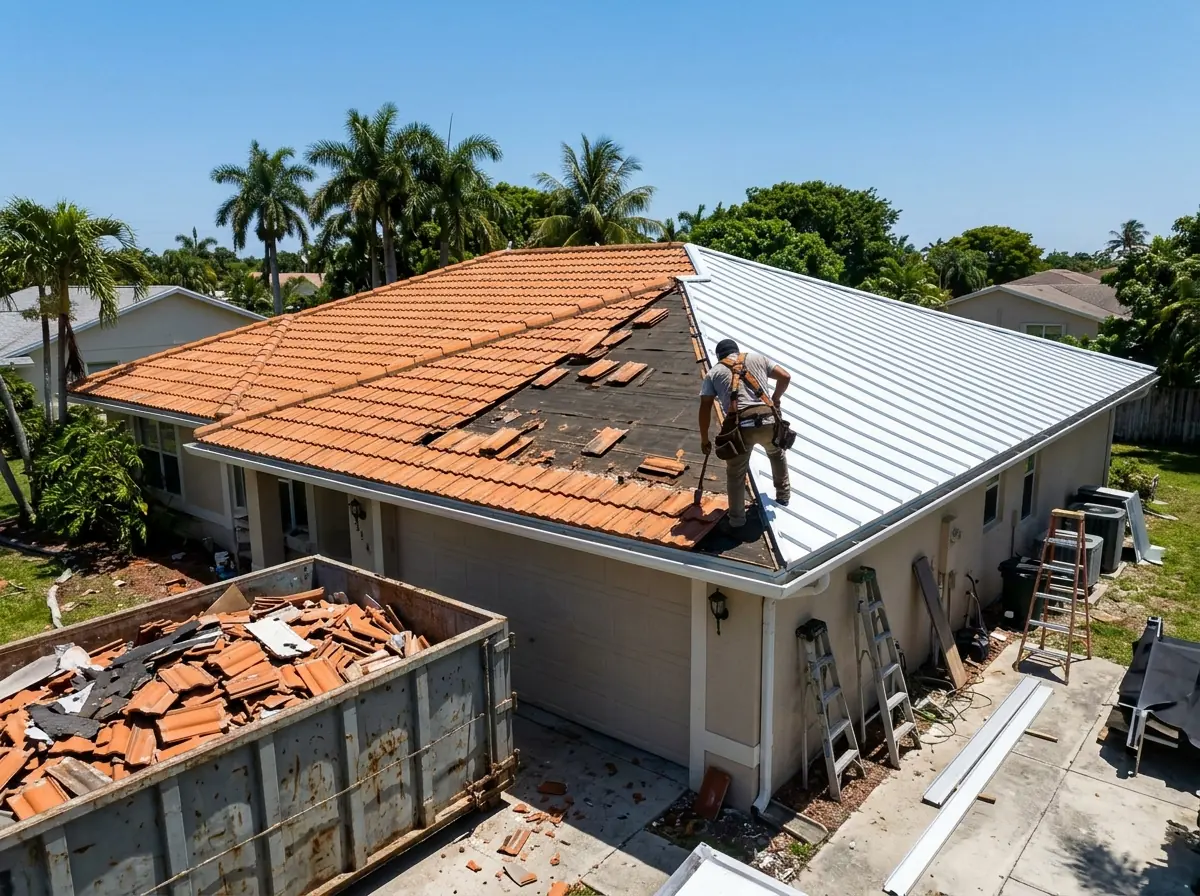 Concrete S-tile being stripped from one slope while standing seam panels cover the finished slope