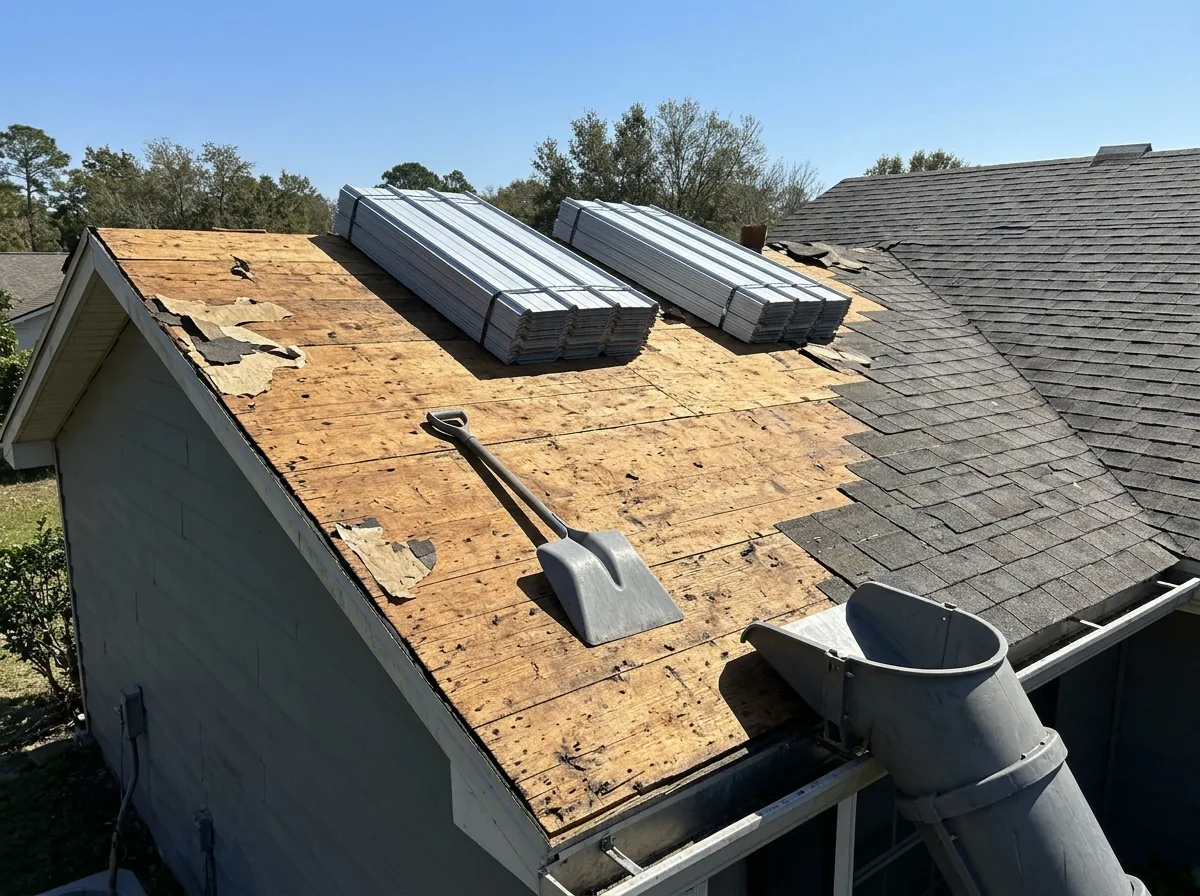 Asphalt shingles torn off a roof deck with metal panels staged at the ridge