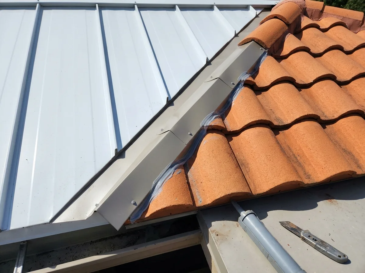 Metal flashing joining a standing seam metal roof section to an adjoining concrete tile roof section